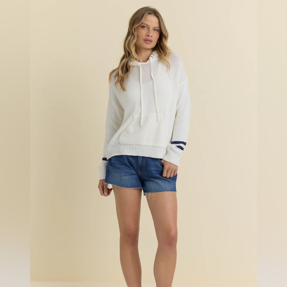 Vintage Havana cream Hooded Pullover with Navy Sleeve Stripes